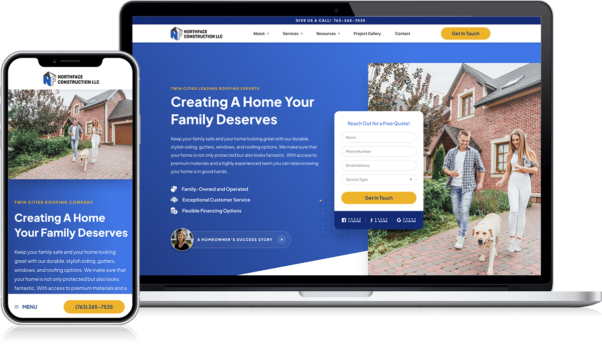 Explore a responsive website example for a home services company, optimized for both smartphones and laptops with a welcoming family image, a clear contact form, and sections focused on affordability, security, and family ownership.