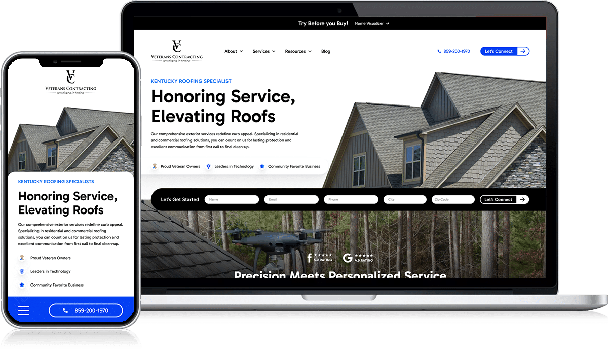 Displayed on both a laptop and smartphone, this responsive Roofing Web Design embodies professionalism under the motto, "Honoring Service, Elevating Roofs." It features easy contact options, a comprehensive navigation menu, and an engaging image of a house roof.
