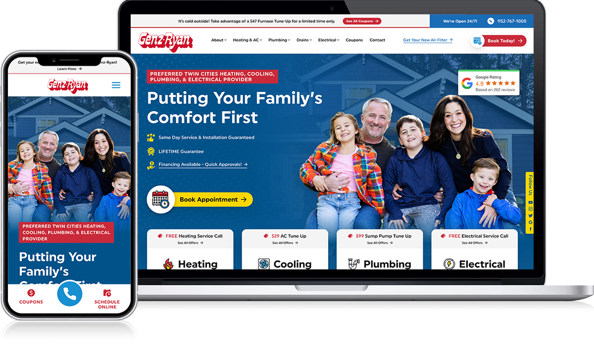 On the Restoration Webmasters website, both smartphone and laptop screens display the same cohesive digital lookbook featuring a vibrant image of a smiling family of five. The site prominently presents restoration-focused service messaging and clear lead-generation calls to action. A striking red "Book Appointment" button invites immediate action. Complementing these elements is a stylized house illustration that serves as the background.