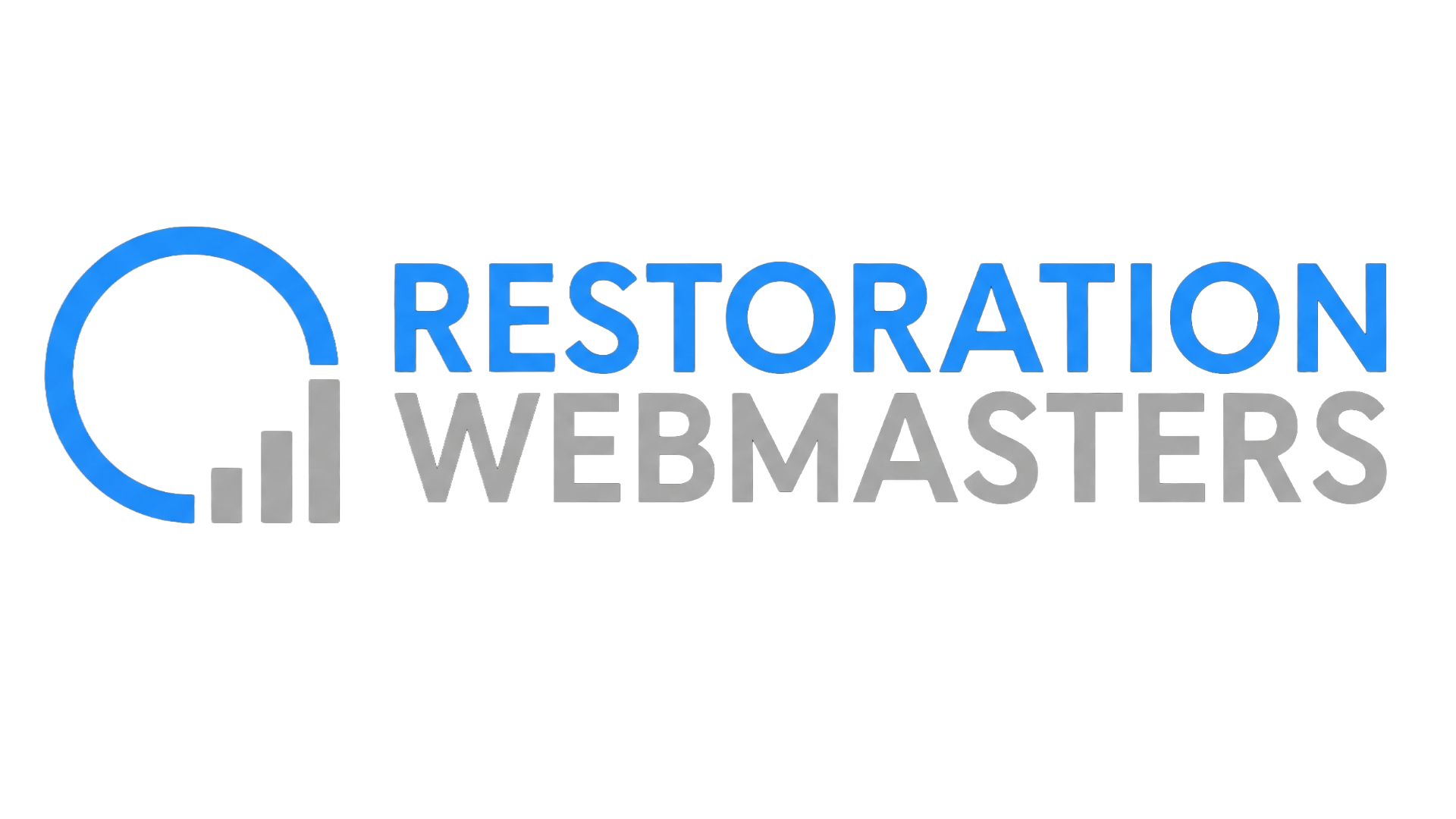 Restoration Webmasters logo in blue and silver wordmark on a dark background.