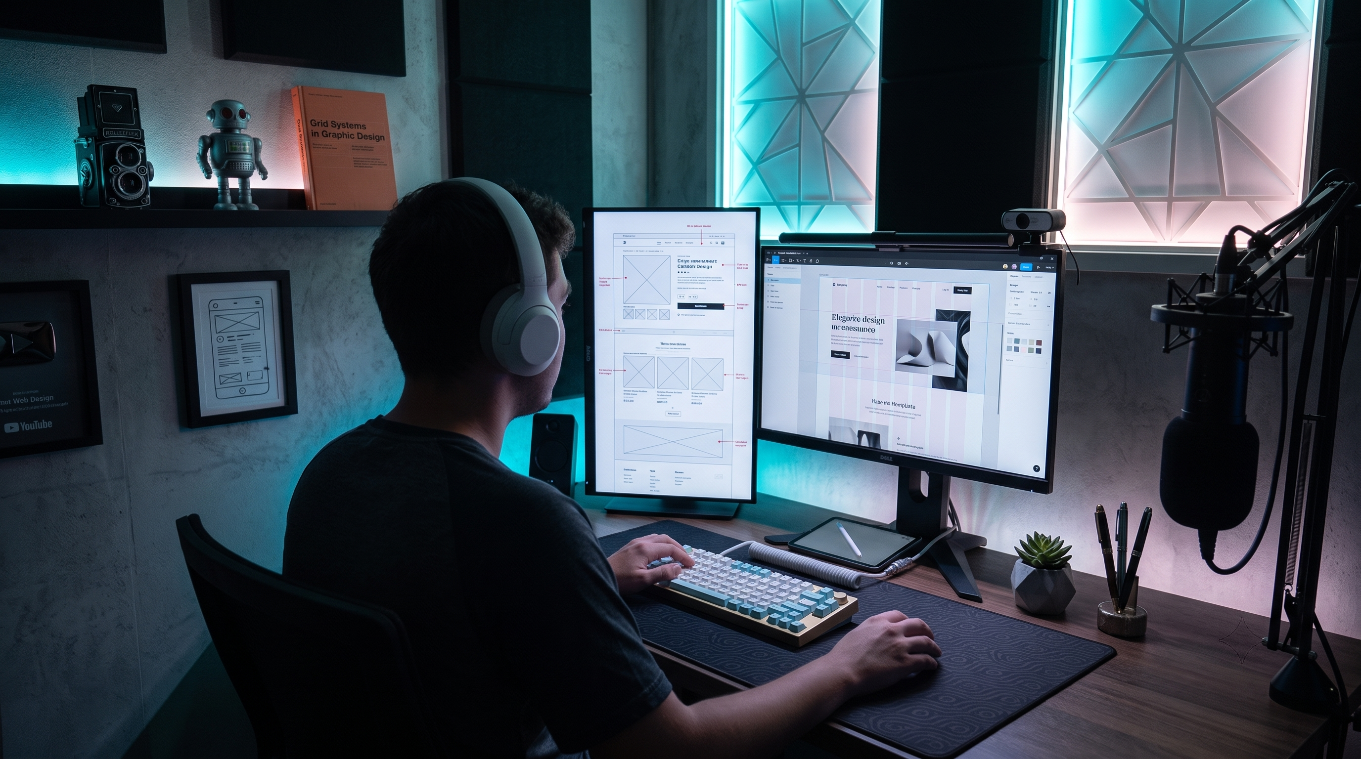 Designer reviewing restoration website wireframes and layout on dual monitors.